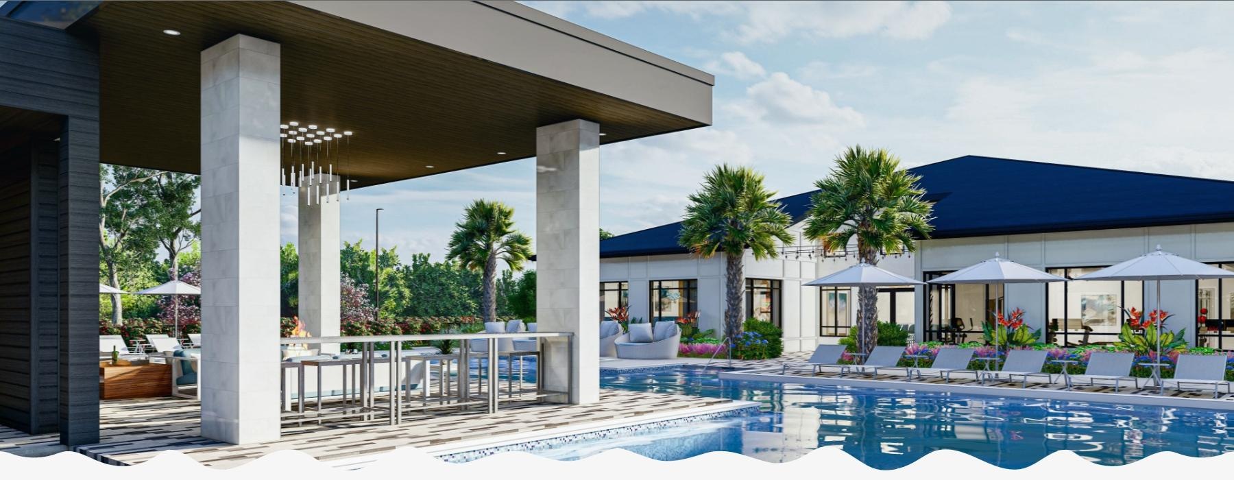 a swimming pool with a building in the background